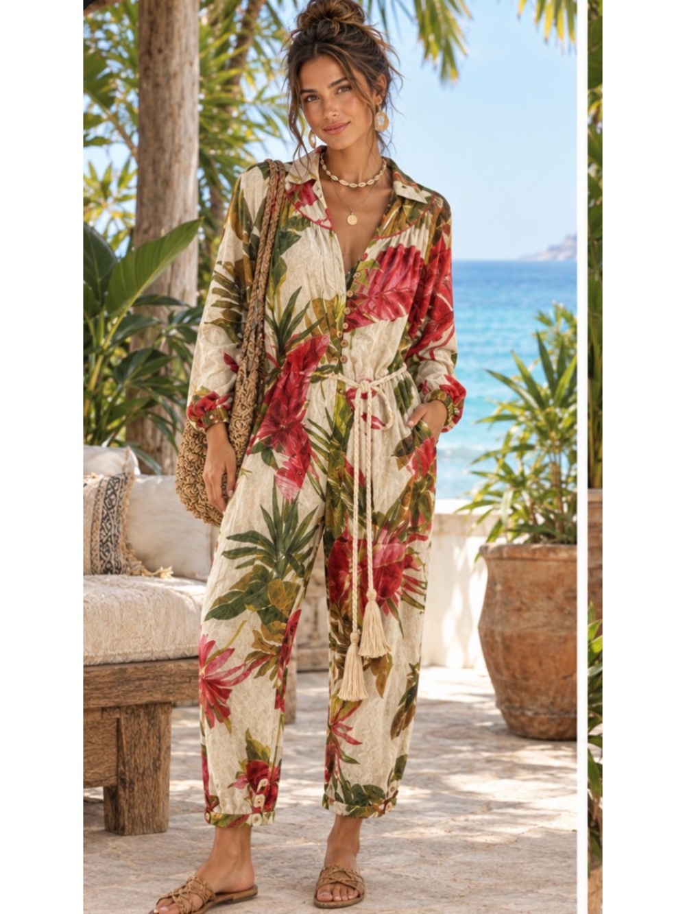 FARM rio Tropical Linen Boho Resort Long Sleeve Botanical Jumpsuit Rope Belt XS
